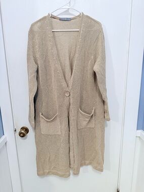 Signature Beige Open-Weave Long Cardigan with Pockets SZ M NWOT Button Closure